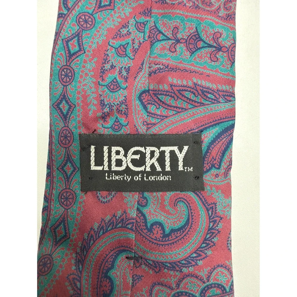 Liberty of London Mens Silk Paisley Tie Burgundy Teal Made in USA 58 Inch